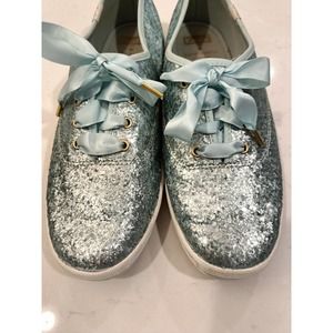 Kate Spade for Keds Light Blue Glitter Sneakers Size 8.5 Satin Ribbon Laces